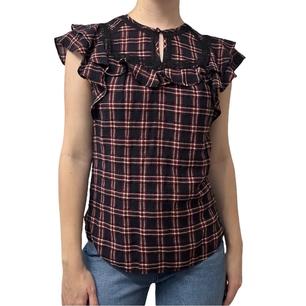 Veronica Beard Blouse Short Sleeve Plaid Red Black Ruffle Academia Size 6 Small